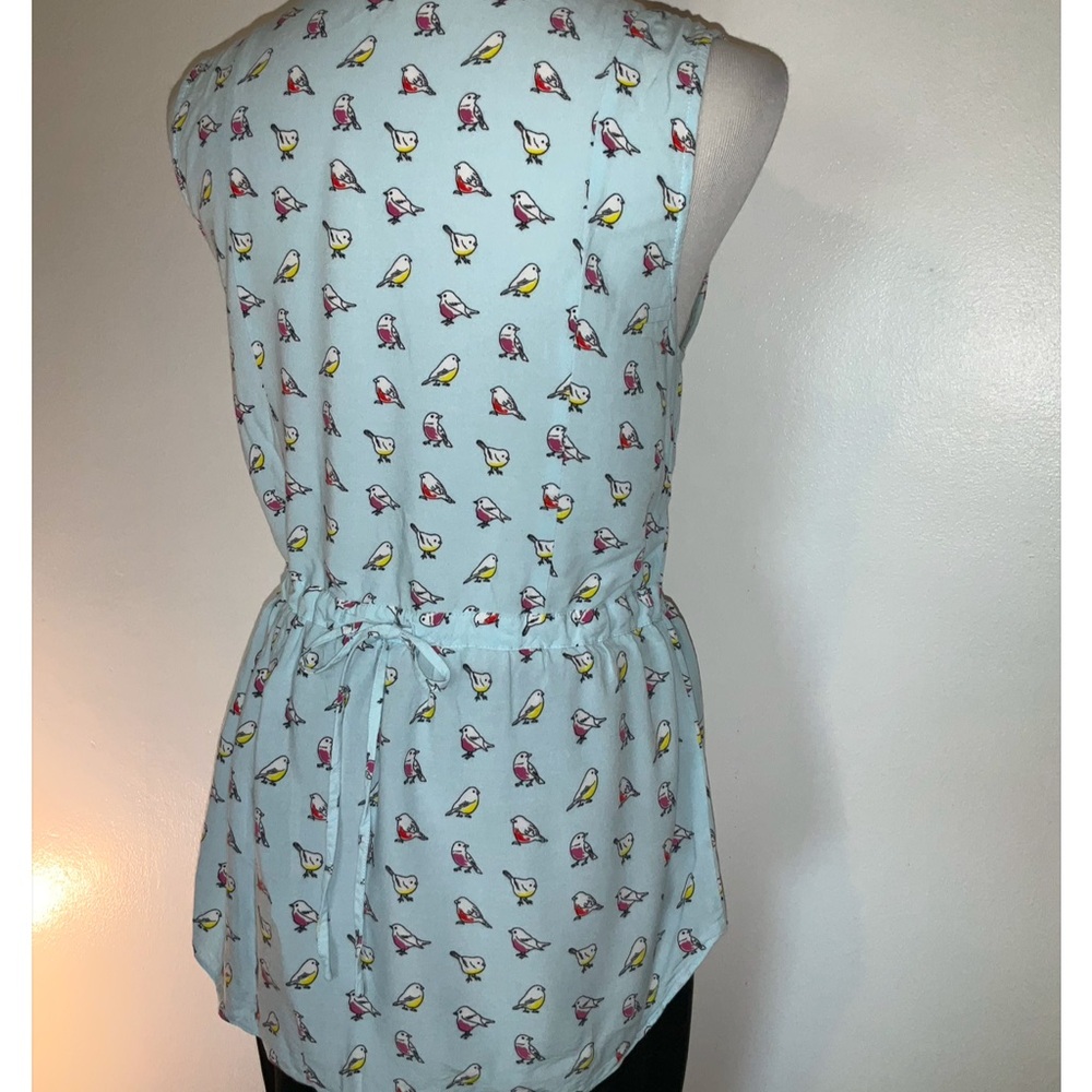 Modcloth Blue Bird Print Buttoned Mandarin Collar Blouse - Picture 2 of 9